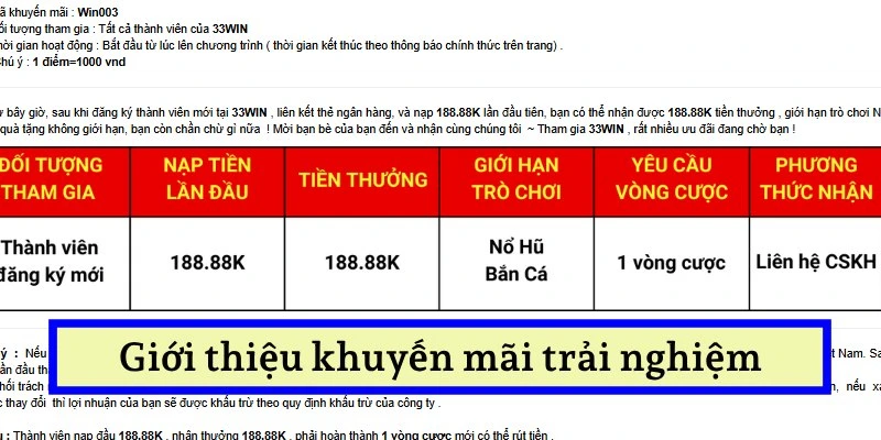 Khám phá thông tin ưu đãi trải nghiệm cho người mới ở 33WIN